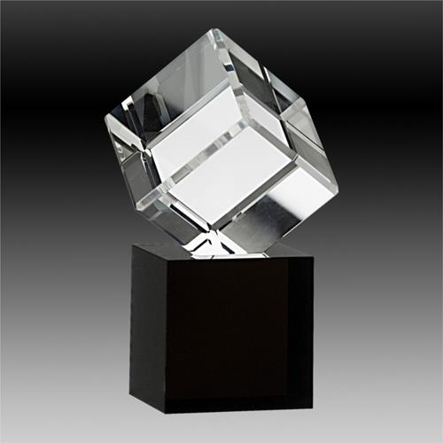 logo engraved crystal cube awards on black glass stand