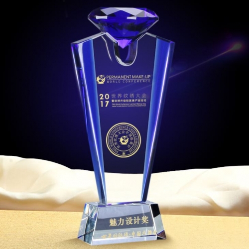 Unique blue glass diamond trophy for Make-Up events