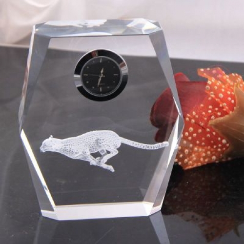 top quality Bevel Crystal Clock Trophy awards with Cheetah photography 3D laser engraved inside