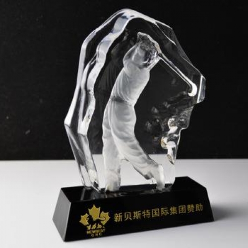 Unique Iceberg shaped crystal golf trophy awards with golfer carved on black base