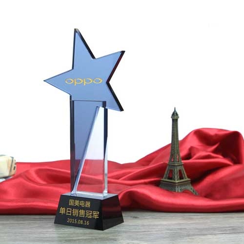 Colored etched blue glass star trophy for best sales distributor