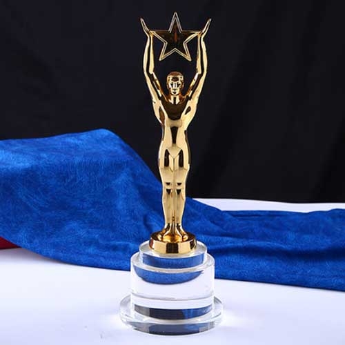 Metal Golden Men Star Award Crystal Glass Trophy