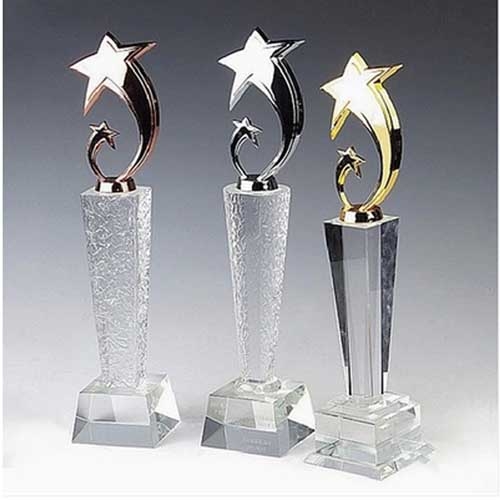 Golden Silver Bronze Glass Metal Star Award on acid etched special natural crysta pillars