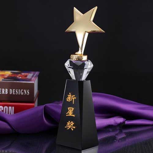 custom etched metal star crystal awards on black glass pedestal