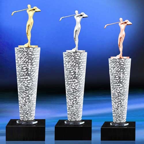 luxury design golden silver bronze metal golfer crystal glass awards