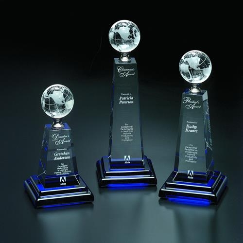 Custom engraved Crystal Globe Employee Recognition Award with blue base