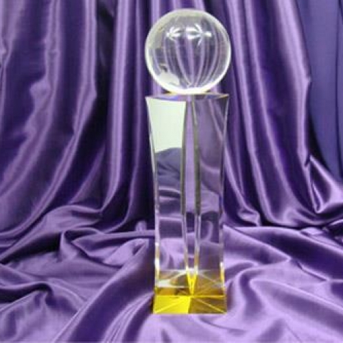 corporate Crystal Globe Award with golden yellow base