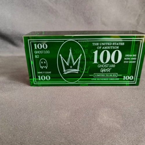 Bespoke Green Crystal Dollar Bills Paperweight Engraved Green Glass Currency Bricks