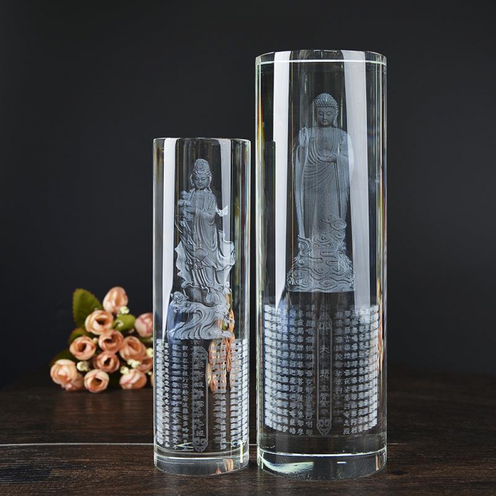 solid cylinder crystals with Buddha Statue 3D laser engraved inside for retail store decoration
