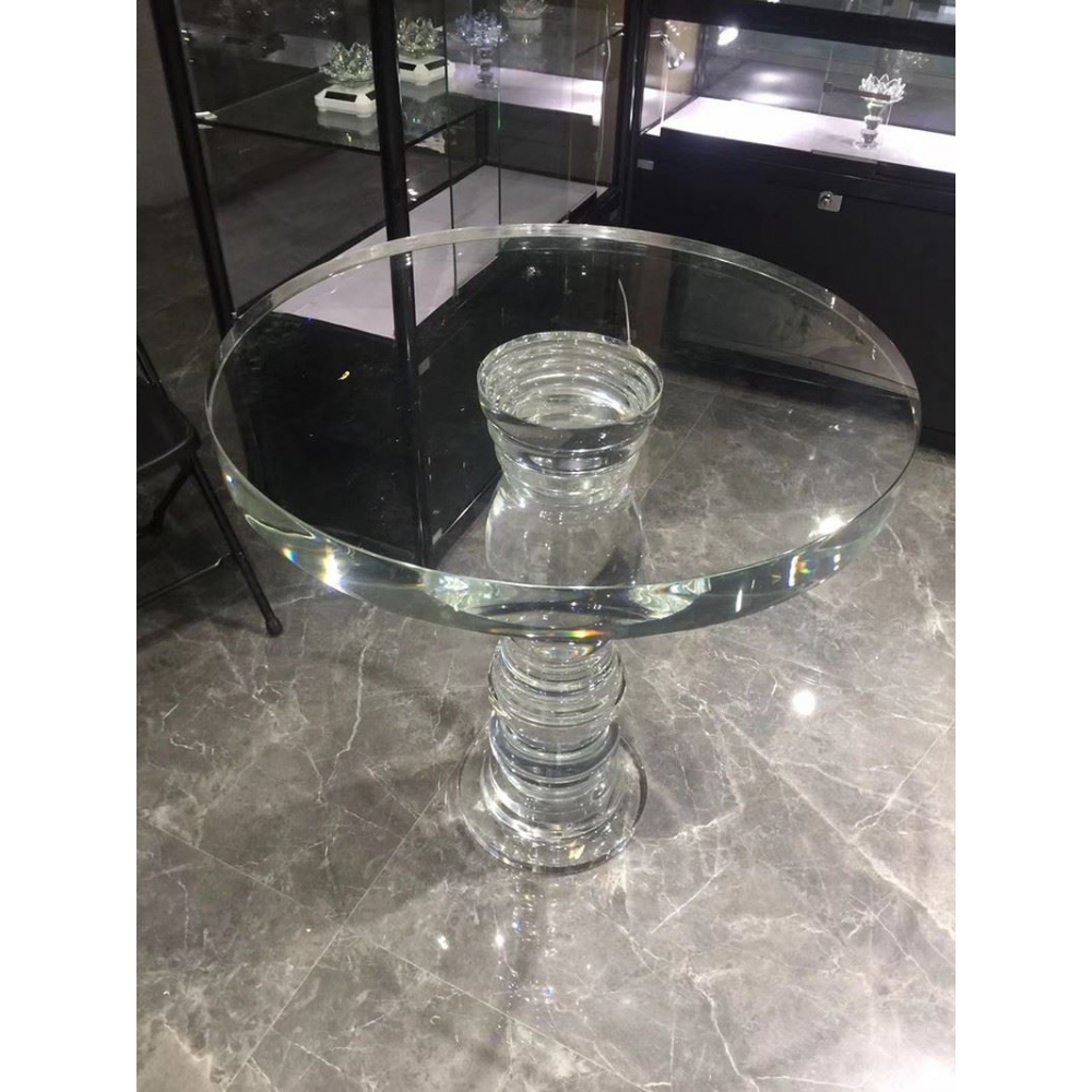 High End Luxury Design Circle Glass Dining Table with Crystal Pillar Legs