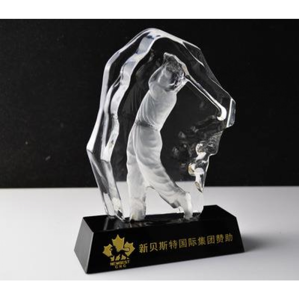 Unique Iceberg shaped crystal golf trophy awards with golfer carved on black base
