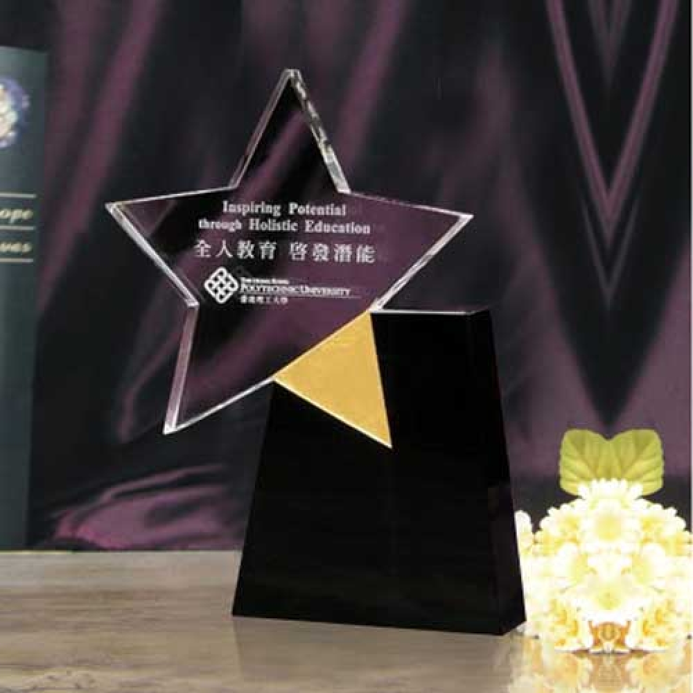 Laser Etched Custom Crystal Star Award On A Black Base
