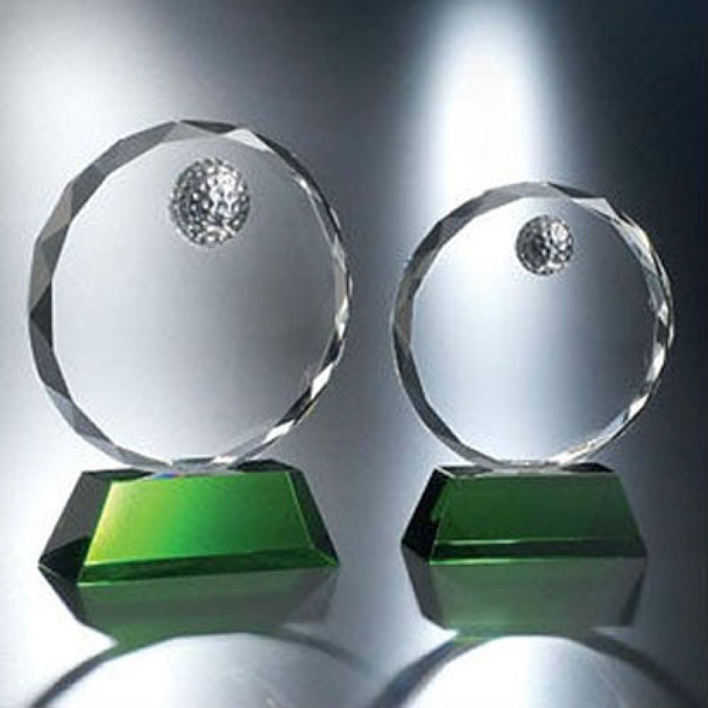 round shaped optical crystal golf trophy with green base for 3D laser engraving