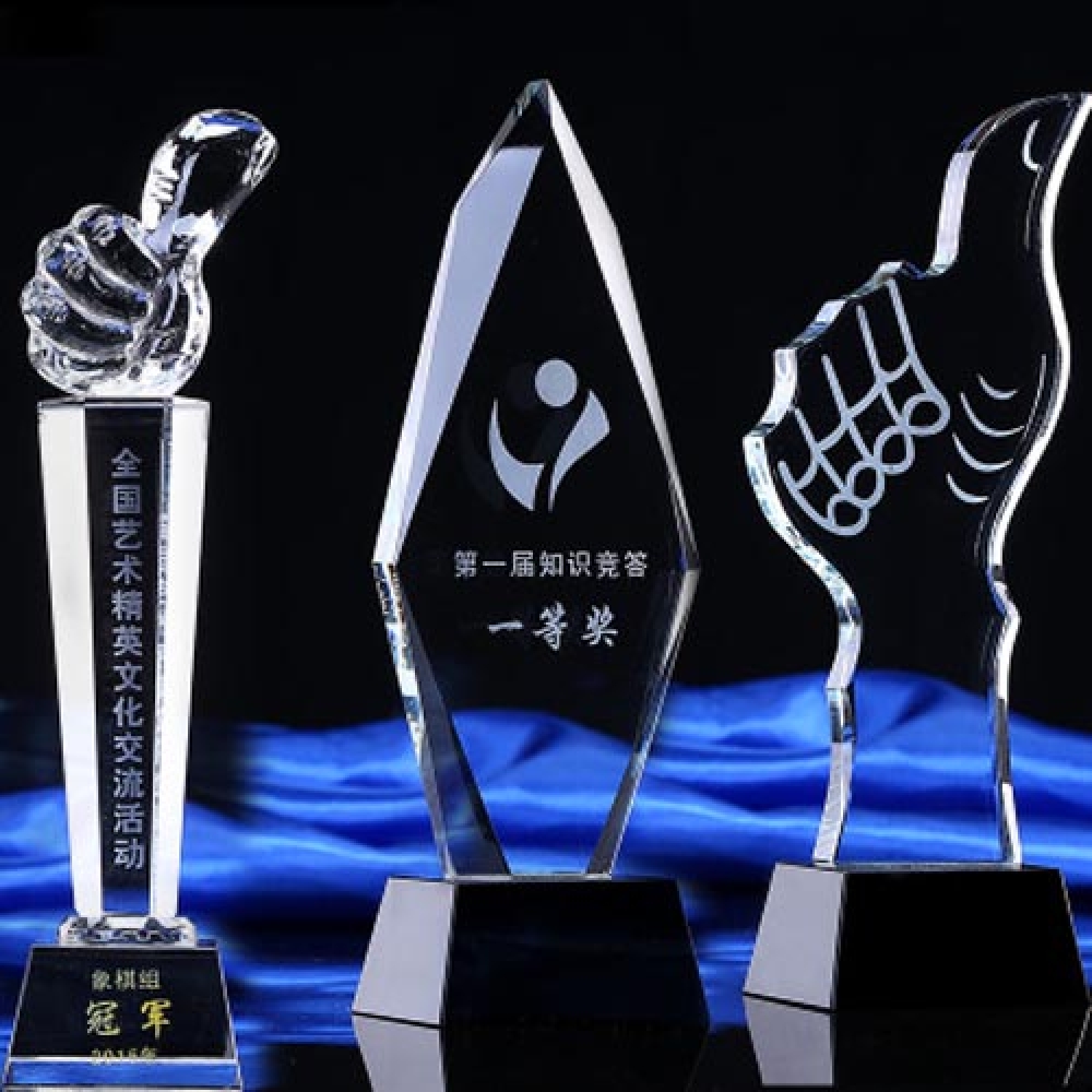 unque design laser engraved Glass Hand Shape Award
