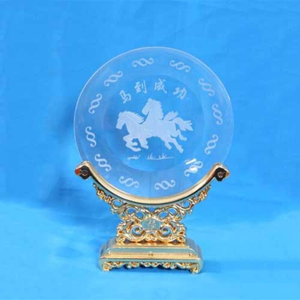 circle glass plate awards with metal stand with horse laser engraved inside