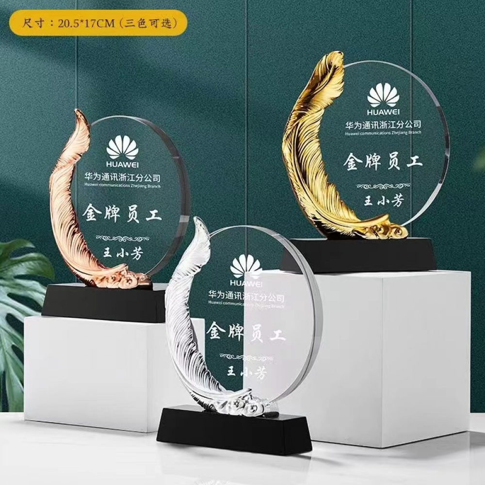 luxury metal feather circular crystal awards in gold silver bronze colors