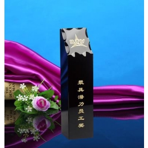 Custom made black crystal awards with company logo and employee name laser etched