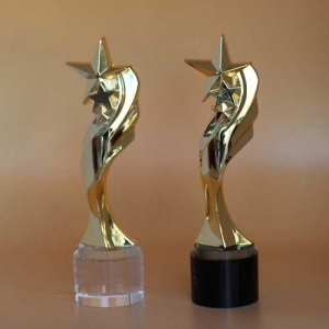 large golden resin star awards on cylinder glass base