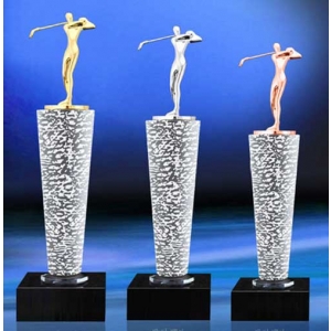 luxury design golden silver bronze metal golfer crystal glass awards