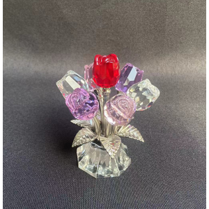 collectible glass colorful 7 roses bouquet with metal stem and leaves