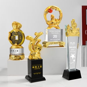 golden silver bronze 2025 Chinese Zodiac Year Of The Snake Metal Awards on Crystal stands