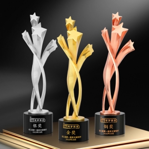 Luxury Gold Silver Bronze Metal Shooting Stars Award on cylinder glass stands